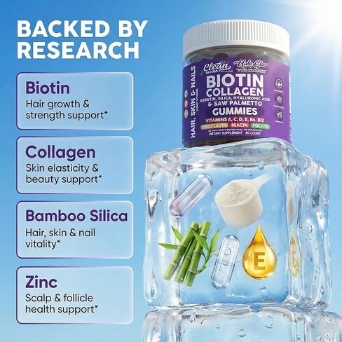 Clean Nutra Biotin Gummies | Collagen, Hyaluronic Acid, Keratin Hair Vitamins Supplement - Hair Growth Support, Skin & Nails - Vitamins C, D, E, B6 & B12 - US Made for Women & Men | 60 Gummy Count in Saudi Arabia