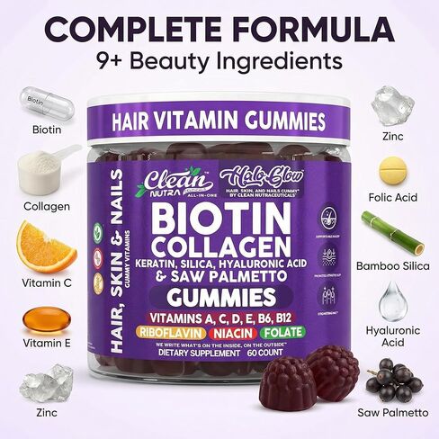 Clean Nutra Biotin Gummies | Collagen, Hyaluronic Acid, Keratin Hair Vitamins Supplement - Hair Growth Support, Skin & Nails - Vitamins C, D, E, B6 & B12 - US Made for Women & Men | 60 Gummy Count in Saudi Arabia