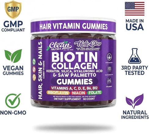 Clean Nutra Biotin Gummies | Collagen, Hyaluronic Acid, Keratin Hair Vitamins Supplement - Hair Growth Support, Skin & Nails - Vitamins C, D, E, B6 & B12 - US Made for Women & Men | 60 Gummy Count in Saudi Arabia