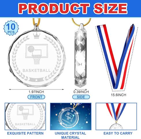 10 Pcs Crystal Basketball Award Medals Bulk 2 Inch Basketball Medals for Awards Team Participation Trophy with Neck Ribbons for Team Gift Sports Party Games Favors Award Prize Supply in Saudi Arabia