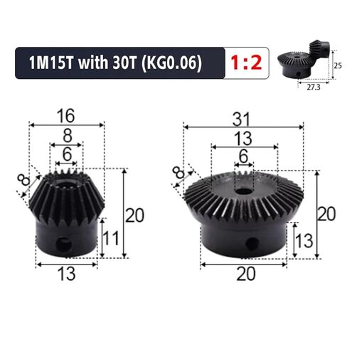 1:2 ترس مخروطي 1 متر 15 + 30 فتحة داخلية للأسنان 6 مللي متر 90 درجة محرك تروس فولاذية برغي M5 in Kuwait