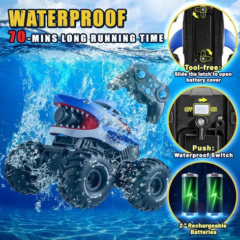 BOBXIN Amphibious Remote Control Shark Monster Truck with Water Squirt,4WD All-Terrain Off-Road 2.4Ghz Waterproof RC Car Boat Pool Water Toys for Kids Age 6+ in Kuwait