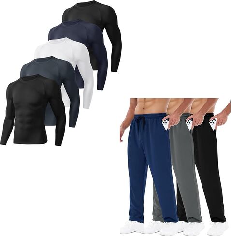 BOOJO 5 Pack Mens Compression Shirts Bundled with 3 Pack Mens Sweatpants-2X in Kuwait