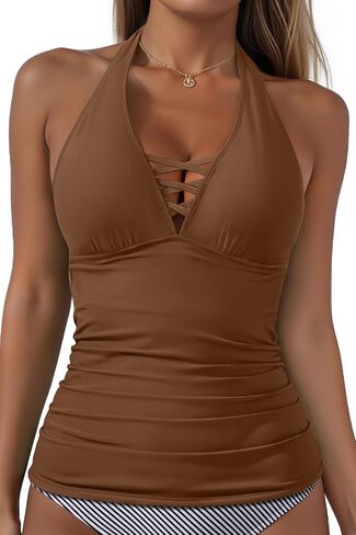 Womens Halter Tankini Tops Only - V Neck Tummy Control Swim Top Lace Up Bathing Suit Ruched Top Only No Bottom 2025 in Saudi Arabia