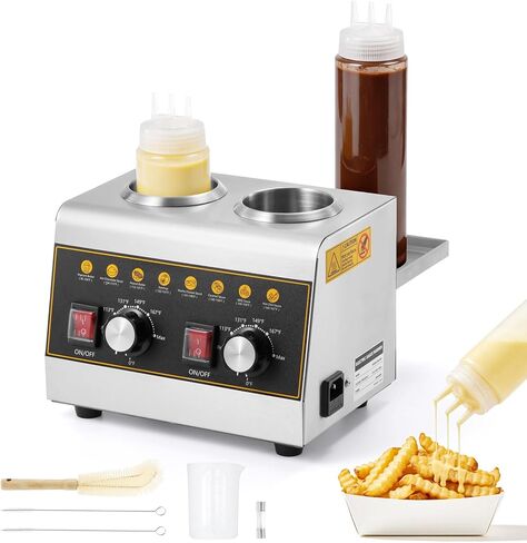 Dyna-Living Electric Sauce Warmer Dispenser with Removable Storage Rack, Commercial Nacho Cheese Warmer with Independent Temp Control Hot Fudge Warmer for Caramel Chocolate w/ 650ml Squeeze Bottle*2 in Kuwait