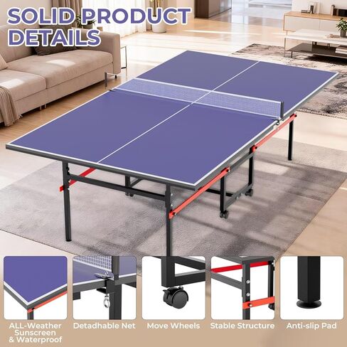 8 X 4 FT Ping Pong Table for Indoor/Outdoor，Professional Foldable Table Tennis Table with Net, 2 Table Tennis Paddles and 3 Balls - Tournament Quality - Foldable with Single Player Playback Mode in Saudi Arabia