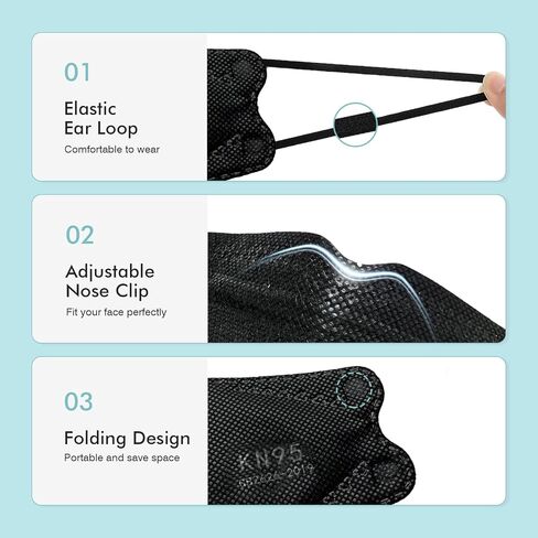 أقنعة الوجه LEMENT KN95، 100 عبوة، أقنعة وجه سوداء قابلة للتنفس للاستعمال مرة واحدة للبالغين والمراهقين in Kuwait