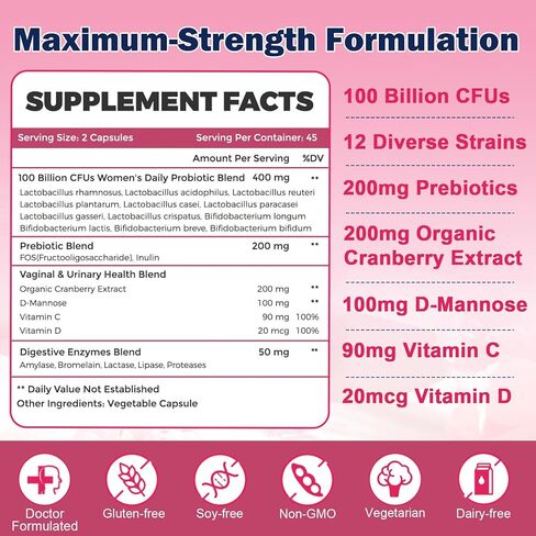 ZEBORA Vaginal Probiotics for Women 100 Billion CFUs, Probiotic for Digestive Health & Vaginal pH Balance & Urinary Tract Health, with Organic Cranberry & Prebiotics, 90 Veggie Capsules in Saudi Arabia