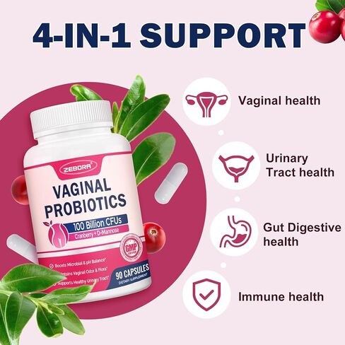 ZEBORA Vaginal Probiotics for Women 100 Billion CFUs, Probiotic for Digestive Health & Vaginal pH Balance & Urinary Tract Health, with Organic Cranberry & Prebiotics, 90 Veggie Capsules in Saudi Arabia