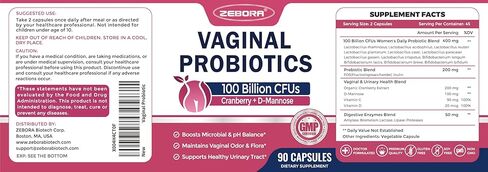 ZEBORA Vaginal Probiotics for Women 100 Billion CFUs, Probiotic for Digestive Health & Vaginal pH Balance & Urinary Tract Health, with Organic Cranberry & Prebiotics, 90 Veggie Capsules in Saudi Arabia