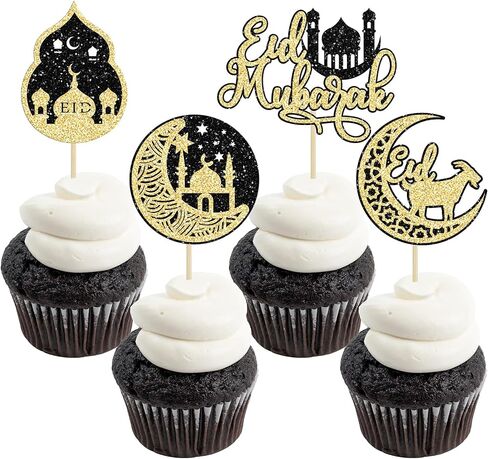 36 حزمة Gold Glitter Moon and Star Eid Mubarak Cupcake Topper Ramadan Kareem Party Supplication in Saudi Arabia