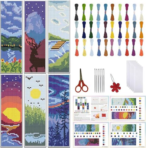 FREEBLOSS 6 PCS Cross Stitch Bookmark Kits for Beginner Summer Beach Scenery Stamped Cross Stitch Kit DIY Embroidery Bookmark Kit with Instructions 8'' x 2.4'' in Saudi Arabia