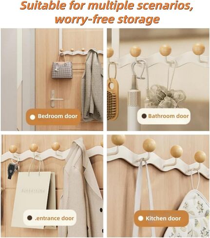 No-Drill Over-The-Door Hooks with Wooden Knobs, Multi-Purpose Home Hanger for Various Room Doors, Holds Towels, Coats, and Hats. (Cream White, 4 Hooks) in Saudi Arabia