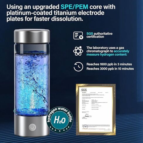 مولد زجاجة مياه هيدروجين محمول سعة 14 أونصة مع تقنية PEM-SPE، كوب مؤين ماء الهيدروجين القابل لإعادة الشحن عبر USB، ينتج ما يصل إلى 3000 جزء في المليون هيدروجين في 3 دقائق للمنزل وصالة الألعاب الرياضية والمكتب والسفر in Kuwait