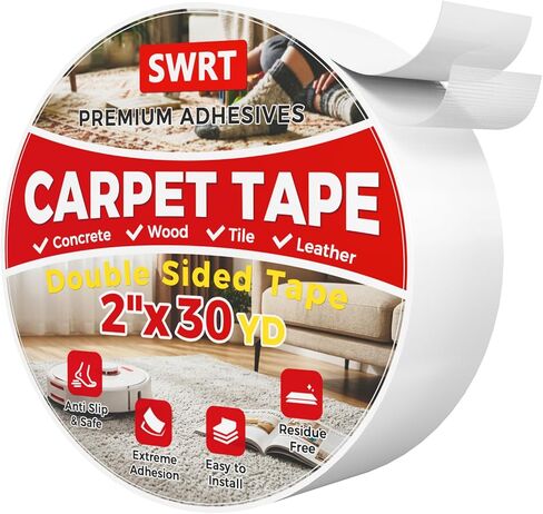 SWRT 2INCH × 30YD شريط مزدوج على الوجهين ، قبضة الشريط السجادة للسجاد أكثر أقوى لاصق لا توجد بقايا قوية للسجاد والأقمشة الحساسة والأرضية الخرسانية والخارجية والمزيد in Kuwait