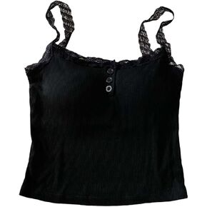 Women's Lace Trim Cami Top with Built in Bra Spaghetti Strap Ribbed Crop Tank Henley Shirts with Button Detail in Kuwait