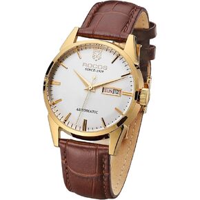 ساعة يد ميكانيكية كلاسيكية ذهبية أوتوماتيكية للرجال تعرض اليوم والتاريخ، ساعة رسمية ذات حزام بني فاخر هدية R0101 Fashion Business in Kuwait