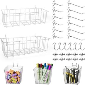 منظمات خطافات Pegboard - سلال ألواح Pegboard شفافة، شماعات متعددة 33 حزمة - مجموعة منظم أدوات رفوف العرض لغرفة الحرف اليدوية، المكتب، غرفة العمل، المرآب (أبيض) in Kuwait