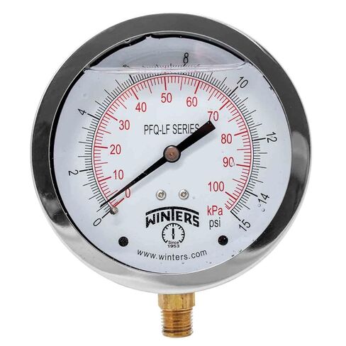 Winters 4" Dial Size, Liquid Filled Pressure Gauge, Potable Brass Internals, 304 Stainless Steel Case, Dual Scale 0-15 psi/kPa, 1.5% Acc, 1/4" NPT Bottom Mount, Drinking Water Pressure Gauge in Saudi Arabia
