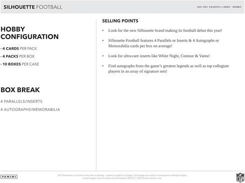 2025 Panini Silhouette Football Hobby Trading Card Box (4 Autographs/Memorabilia Cards Per Box) in Saudi Arabia