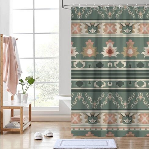 بوهو العرقية طباعة الحمام دش الستار مع السنانير، الصيف ستارة دش للماء خمر، قابل للغسل النسيج عطلة الستائر الحديثة للحمام لحوض الاستحمام بوهو الملحقات 60 × 72 في in Kuwait