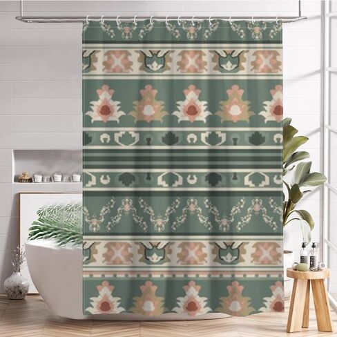 بوهو العرقية طباعة الحمام دش الستار مع السنانير، الصيف ستارة دش للماء خمر، قابل للغسل النسيج عطلة الستائر الحديثة للحمام لحوض الاستحمام بوهو الملحقات 60 × 72 في in Kuwait