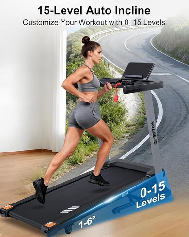 أجهزة الجري HUAGEED للمنزل، 15 مستوى من الانحدار التلقائي، حزام عريض 17.32 بوصة، 3.0 حصان، 0.6-10 ميل في الساعة، آلة جري قابلة للطي بسعة 300 رطل، 40 برنامجًا محددًا مسبقًا in Kuwait