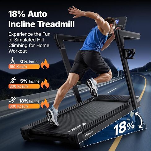 جهاز سير ميراتش مع انحدار تلقائي بنسبة 15/18%، جهاز سير عريض بحزام 55 بوصة/47 بوصة × 18 بوصة/19 بوصة، 0.5-8.7 ميل في الساعة/10 ميل في الساعة 3.5 حصان بدون فرش للمنزل، جهاز مشي قابل للطي بوزن 350 رطل مع شاشة وتطبيق ومعدل ضربات القلب in Kuwait
