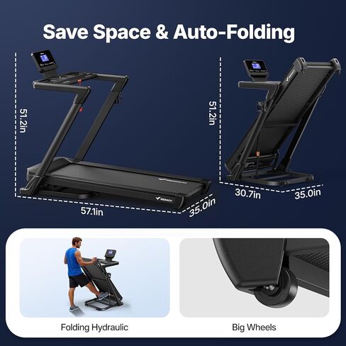 جهاز سير ميراتش مع انحدار تلقائي بنسبة 15/18%، جهاز سير عريض بحزام 55 بوصة/47 بوصة × 18 بوصة/19 بوصة، 0.5-8.7 ميل في الساعة/10 ميل في الساعة 3.5 حصان بدون فرش للمنزل، جهاز مشي قابل للطي بوزن 350 رطل مع شاشة وتطبيق ومعدل ضربات القلب in Kuwait