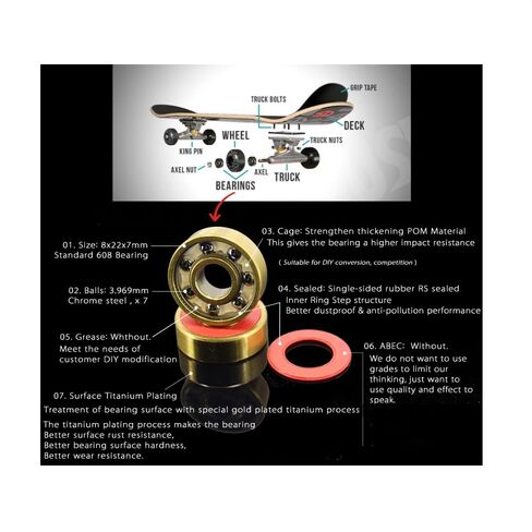 16PCS 608-TIG Skateboard Bearings 8x22x7mm ABEC-9 608 V RS Surface Gold Titanium Plating Nylon Cage 608 Ball Bearing in Saudi Arabia