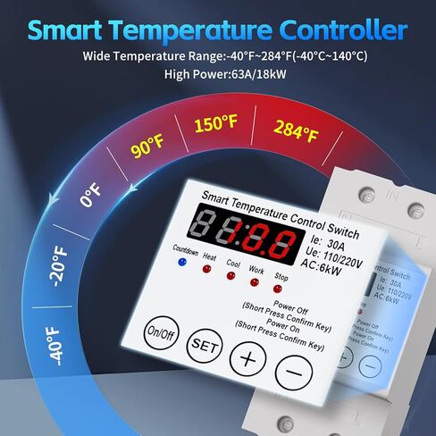 جهاز تحكم ذكي في درجة الحرارة، ترموستات رقمي 63 أمبير 110/220 فولت، شاشة LED، مؤقت التحكم في التدفئة والتبريد، -40 درجة فهرنهايت إلى 284 درجة فهرنهايت، للدفيئة، حاضنة الزواحف، البيرة المنزلية in Saudi Arabia
