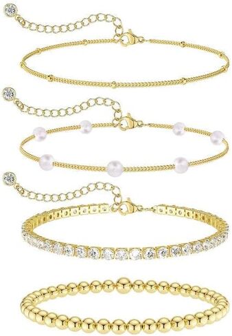 Pearl Bracelets for Women Tennis Bracelet Dainty 14K Gold/Silver Plated Beaded Bracelets for Women Cubic Zirconia Bracelet Stack Pearl Jewelry Set in Saudi Arabia
