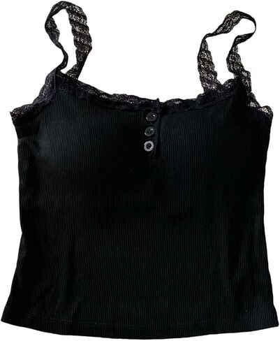 Women's Lace Trim Cami Top with Built in Bra Spaghetti Strap Ribbed Crop Tank Henley Shirts with Button Detail in Kuwait