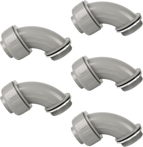 موصلات القناة، موصل سائل محكم مقاس 2 بوصة NPT غير معدني لتركيبات القنوات الكهربائية المرنة البلاستيكية، 90 درجة، مدرج في قائمة UL لأدوات الأنابيب المنزلية الخارجية، رمادي (5 عبوات) in Kuwait