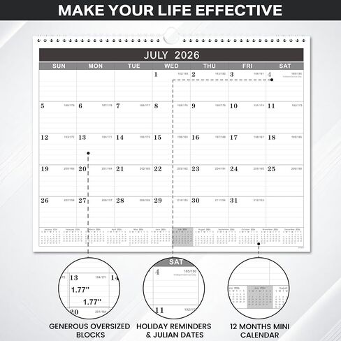2026 Wall Calendar, Large Wall Calendar 2026 from January 2026 to December 2026,15" x 11.5", 12 Months Calendar with Julian Date, Perfect for Office & School in Saudi Arabia