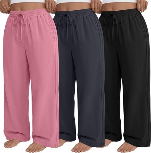 3 Pack Women's Plus Size Pants, Drawstring Wide Leg High Waist Sweatpants Loose Casual Lounge Pants with Pockets in Saudi Arabia