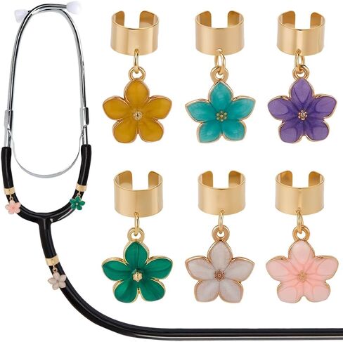 6Pcs 6 Colors Stethoscope Name Tag Flower Stethoscope Charm Small Gold Alloy Enamel Mixed Color 5 Petal Cute Custom ID Tag Charms Accessories for Nurses Doctors Healthcare Workers Supplies in Saudi Arabia