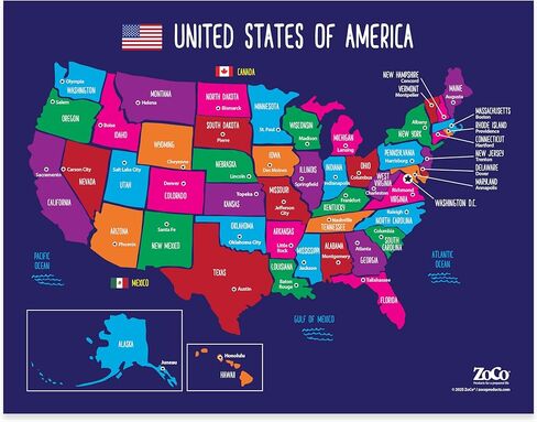 Zoco - خريطة الولايات المتحدة مع ملصق Capitals - 17 × 22 - تربية الولايات المتحدة الأمريكية الرسم البياني للأطفال in Kuwait