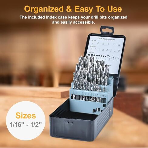 29Pcs Brad Point Wood Drill Bit Set, HSS Double Flutes 1/16" to 1/2", Standard Shank with Metal Index Storage Case, Brocas para Madera for All Wood Types Woodworking in Kuwait