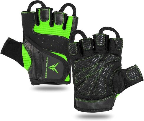 Fingerless Leather Men's Weightlifting Gloves with Full Palm Protection - Perfect for Weight Training, Bench Press, Deadlifting, Pull-Ups (Large, Black/Green) in Kuwait