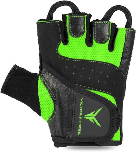 Fingerless Leather Men's Weightlifting Gloves with Full Palm Protection - Perfect for Weight Training, Bench Press, Deadlifting, Pull-Ups (Large, Black/Green) in Kuwait