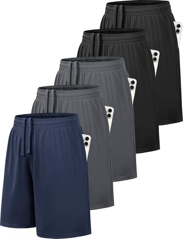 5 Pack Boys Athletic Shorts Active Performance Youth Kids Basketball Shorts Quick Dry with Elastic Waist Pockets in Kuwait