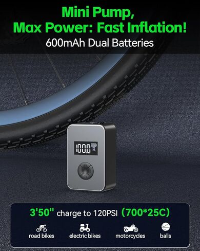 Yerantour Bike Pump with Gauge, Brushless Motor Electric Bike Pump 120PSI, Mini Portable Bicycle Pump for Presta Valve, Rechargeable Moto/Bike Tire Pump with LED Light in Saudi Arabia