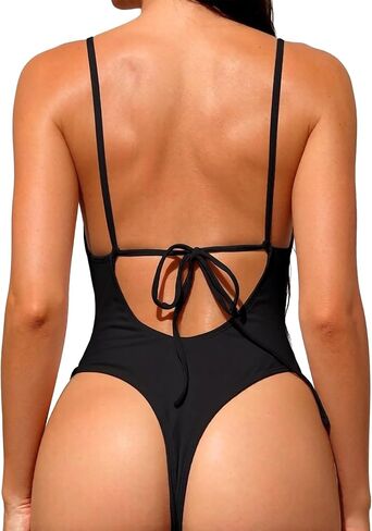SherryDC Women's Sexy Deep V Neck High Cut Thong One Piece Swimsuit Cheeky Tie Back Bathing Suit in Saudi Arabia