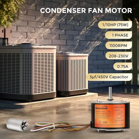 محرك مروحة مكثف Bonvoisin 1/10 HP، 1100 دورة في الدقيقة، محرك مروحة مكثف بديل للتيار المتردد مع مكثف لـ Genteq Bryant Payne Dayton، دوران عكسي CCW/CW، 208-230 فولت in Saudi Arabia