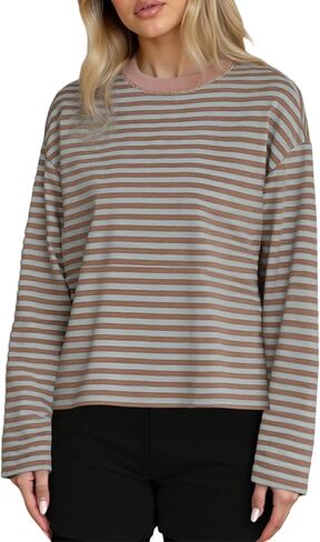 Meiweileya المرأة مخطط كم طويل البلوز Y2k قطرة الكتف اقتصاص القمم Crewneck Preppy الجنية الجرونج الخريف البلوز in Saudi Arabia