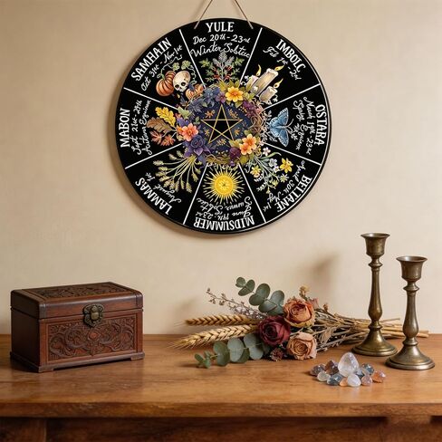 RIVEENY Wheel Of The Year Wall Hanging，12"Wheel Of The Year Wood Sign, Sabbats Pagan Witch Sign, Wiccan Holidays, Wicca Calendar, Yule Altar, Celestial Sign (GJ017) in Kuwait