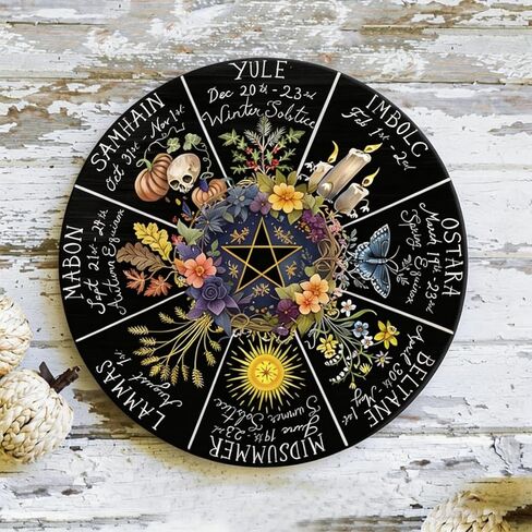 RIVEENY Wheel Of The Year Wall Hanging，12"Wheel Of The Year Wood Sign, Sabbats Pagan Witch Sign, Wiccan Holidays, Wicca Calendar, Yule Altar, Celestial Sign (GJ017) in Kuwait