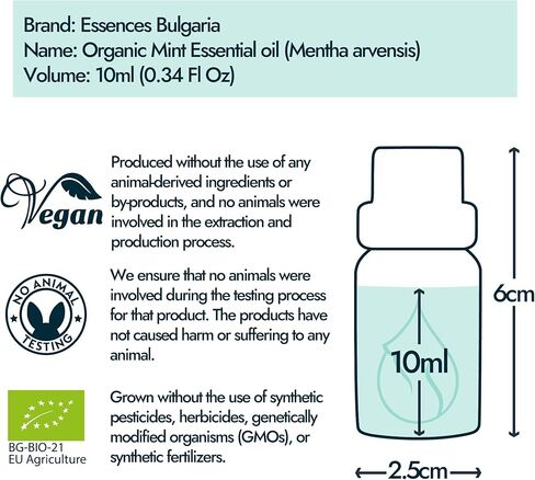 زيت النعناع العضوي العطري 1/3 أونصة سائلة (10 مل) مينثا أرفينسيس - 100% طبيعي نقي وغير مخفف، ناشر روائح علاجية عطرية منعشة وتبريد العضلات وتخفيف التوتر. in Kuwait