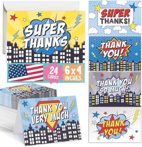 Hadley Designs 24 Superhero Thank You Cards With Envelopes, Kids Birthday Party or Adult Comic Red Blue Bam Pow Gratitude Supplies For Grad, Baby or Bridal Wedding Shower, Children Hero Stationery in Saudi Arabia